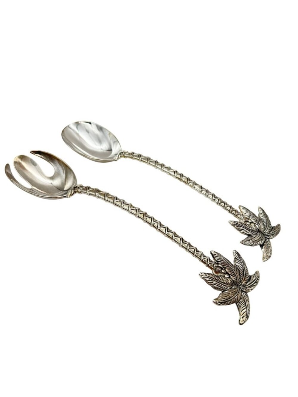 Godinger Palm Tree Salad Servers Silver Plate Fork & Spoon 12.5" Set Vintage